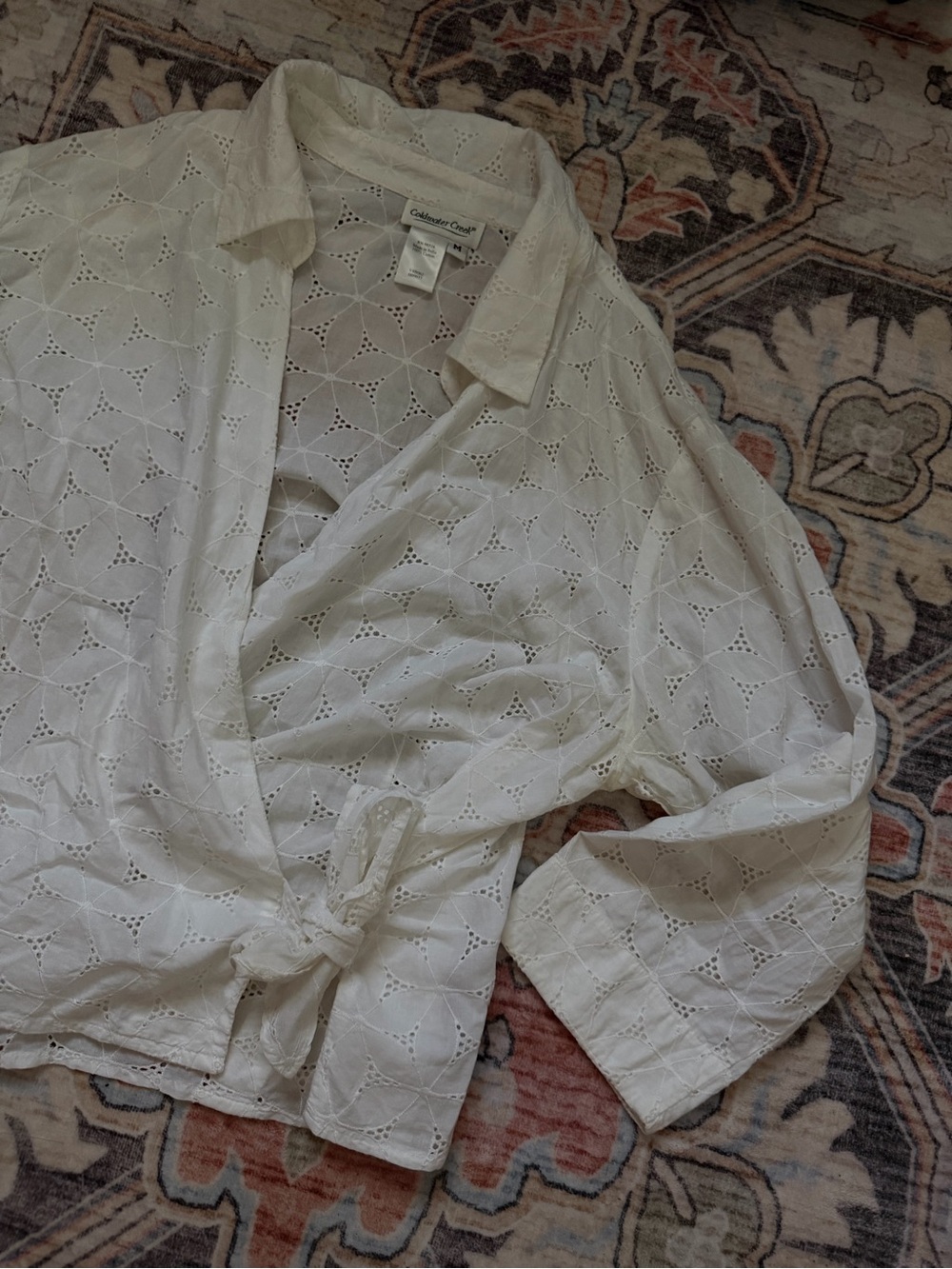 Coldwater Creek White Eyelet Tie-Waist Shirt